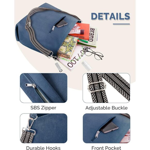 Women’s Blue Corduroy Tote Shoulder Bag with Adjustment Straps And Zipper - Picture 5 of 7